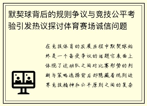 默契球背后的规则争议与竞技公平考验引发热议探讨体育赛场诚信问题